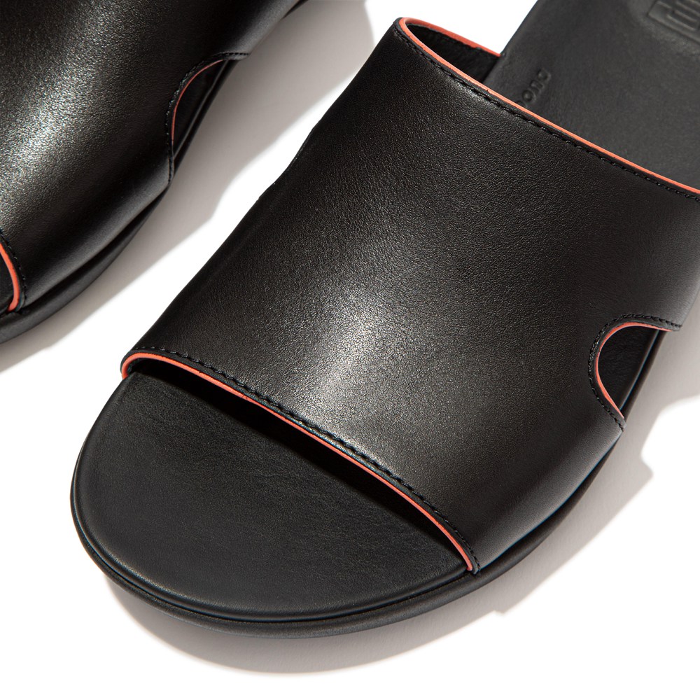 Fitflop Womens Slides Black - H-bar Pop-binding Leather - SJ7658190